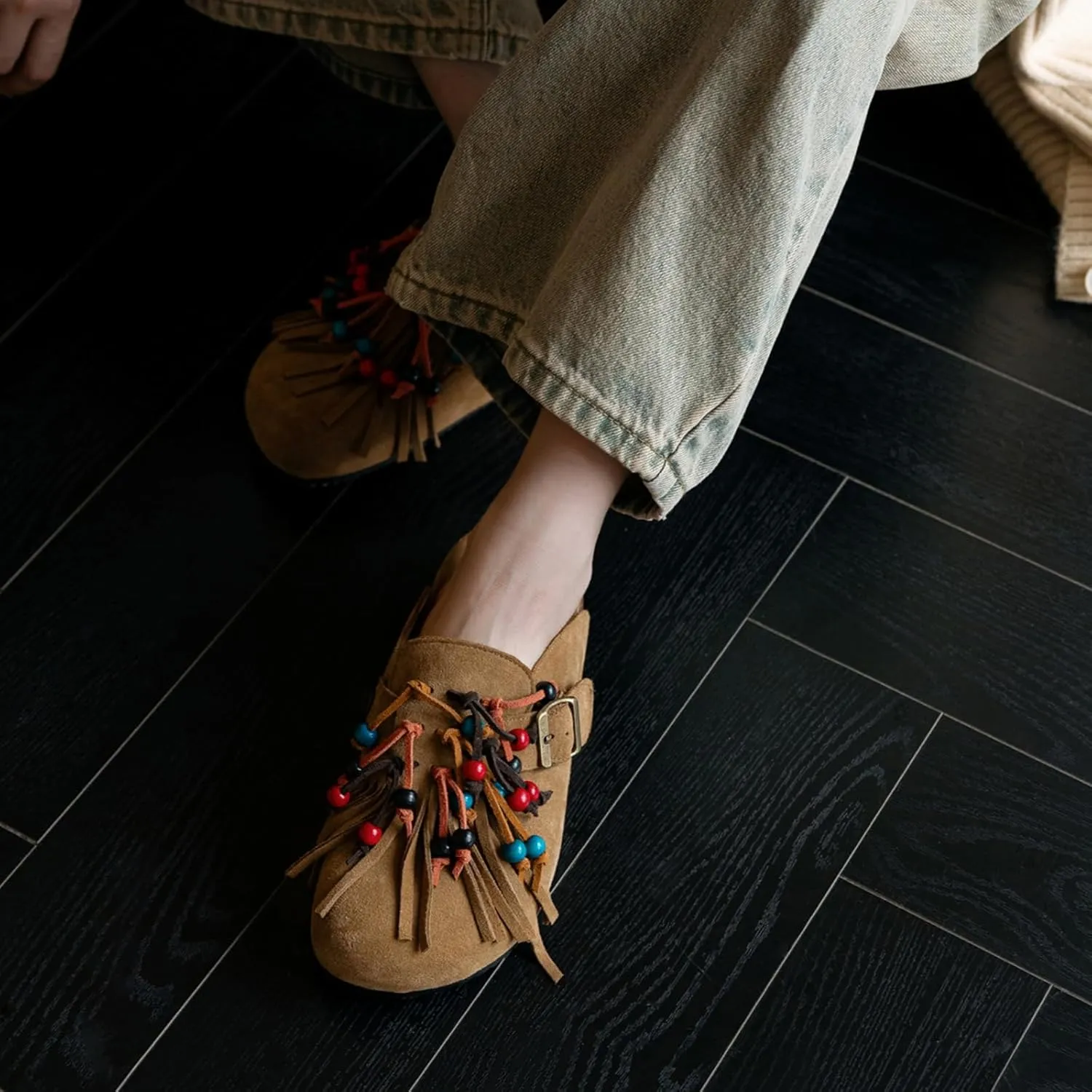 MAVMAX Women Suede Clogs Soft Cork Footbed Mules Fringe Round Toe Pull On Potato Shoes with Arch Support