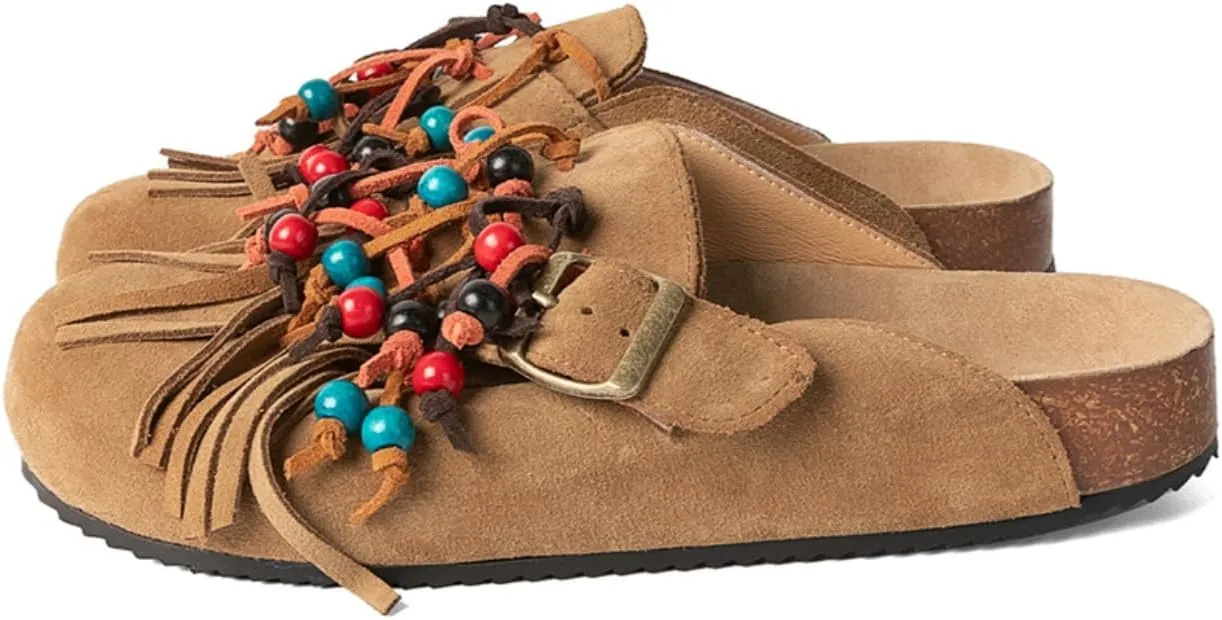 MAVMAX Women Suede Clogs Soft Cork Footbed Mules Fringe Round Toe Pull On Potato Shoes with Arch Support