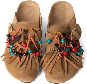 MAVMAX Women Suede Clogs Soft Cork Footbed Mules Fringe Round Toe Pull On Potato Shoes with Arch Support