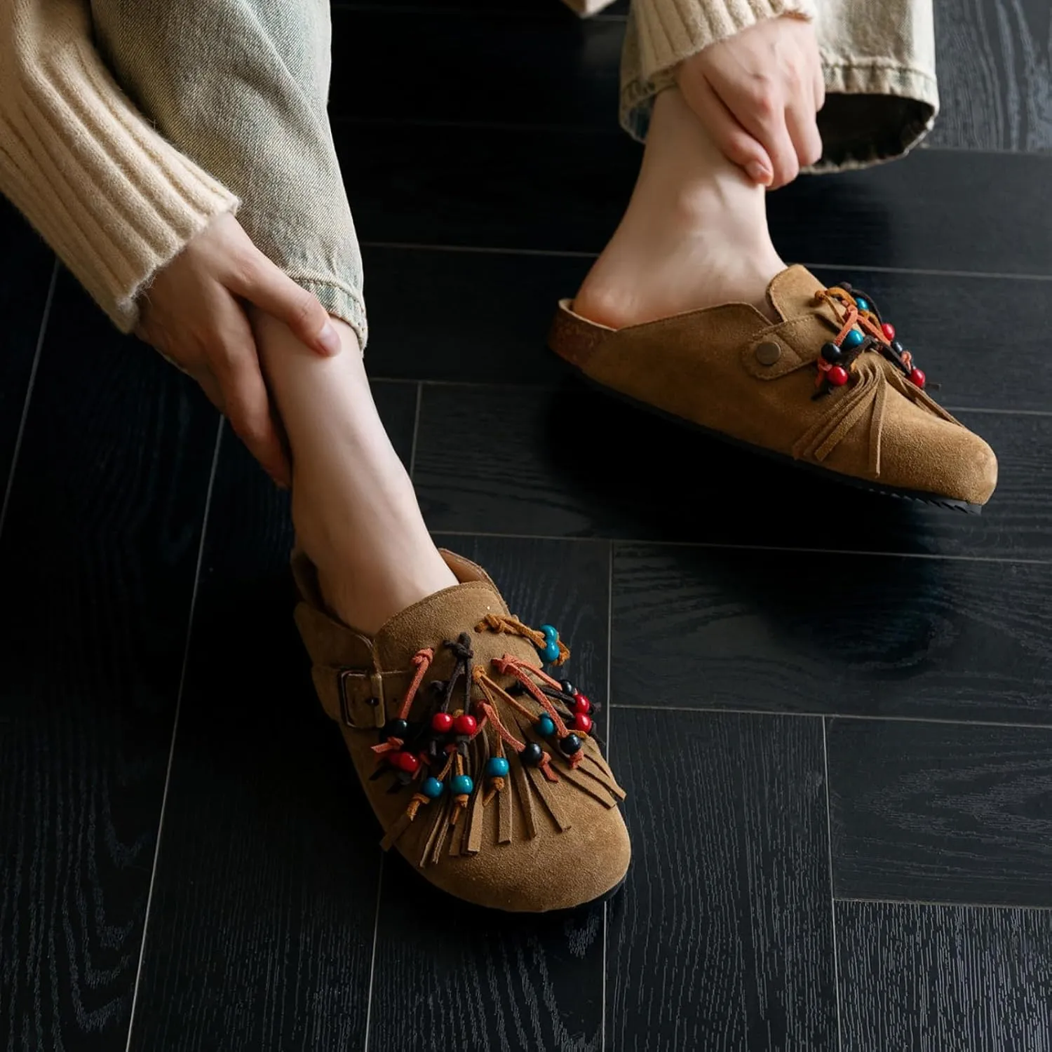 MAVMAX Women Suede Clogs Soft Cork Footbed Mules Fringe Round Toe Pull On Potato Shoes with Arch Support