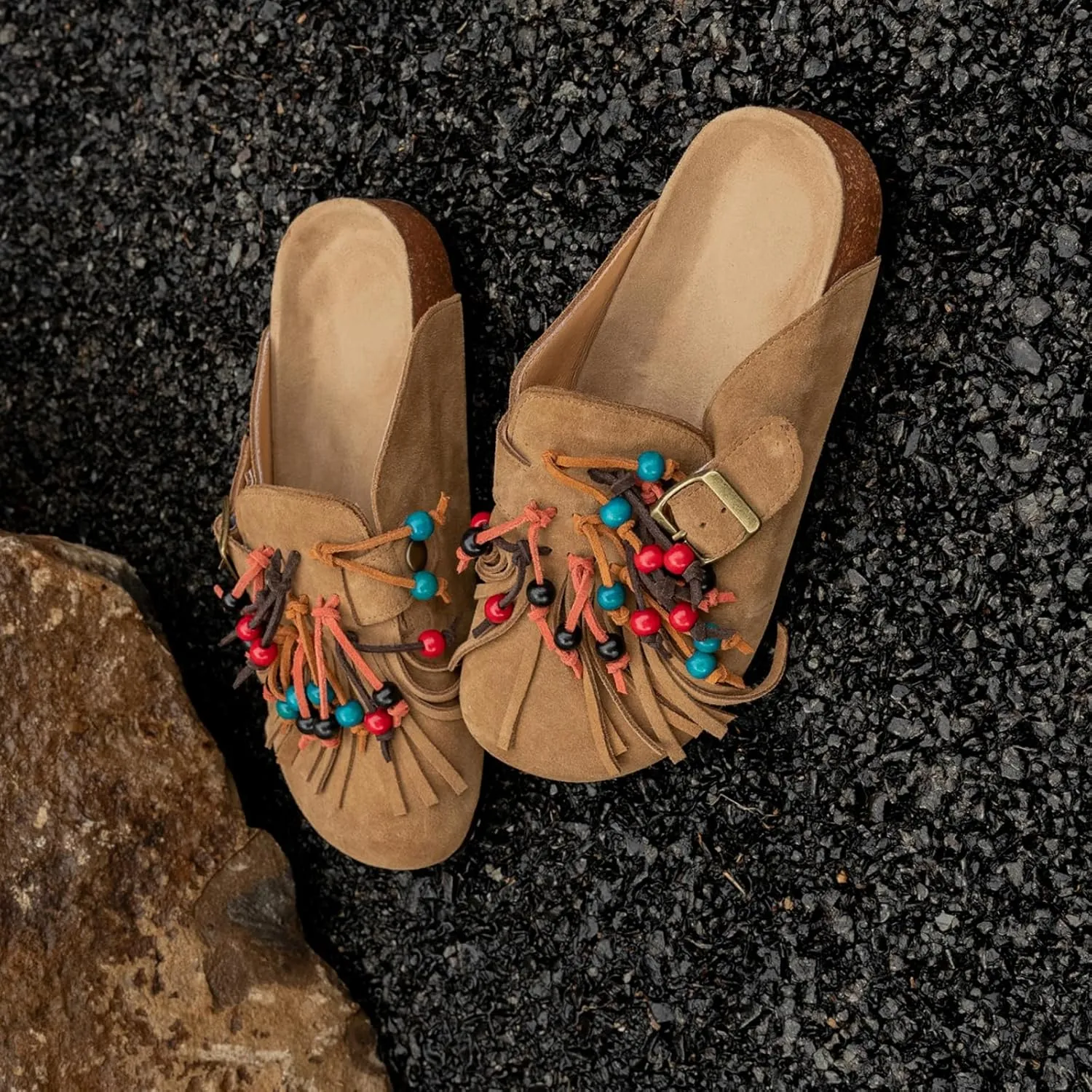 MAVMAX Women Suede Clogs Soft Cork Footbed Mules Fringe Round Toe Pull On Potato Shoes with Arch Support