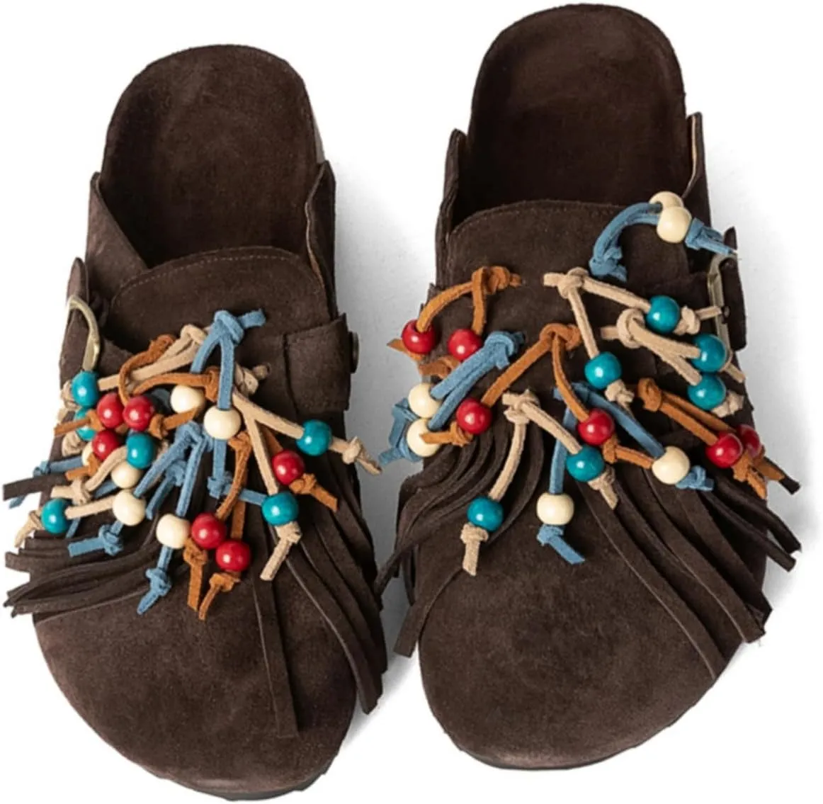 MAVMAX Women Suede Clogs Soft Cork Footbed Mules Fringe Round Toe Pull On Potato Shoes with Arch Support