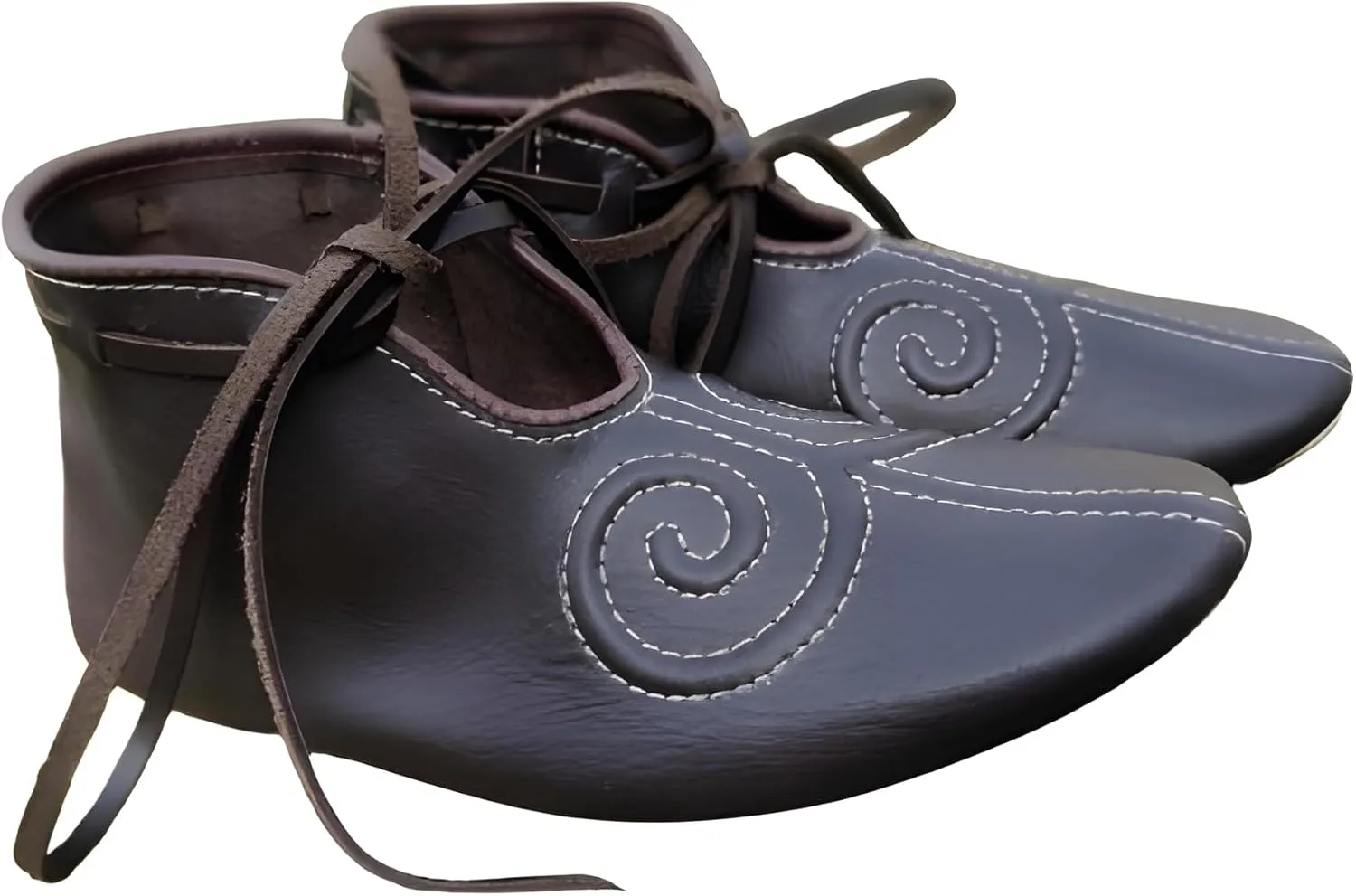 Medieval Leather Ankle Shoes – Handcrafted Viking Renaissance Footwear with Embroidered Spiral Design – Ideal for LARP, SCA, Cosplay, and Historical Reenactments Brown