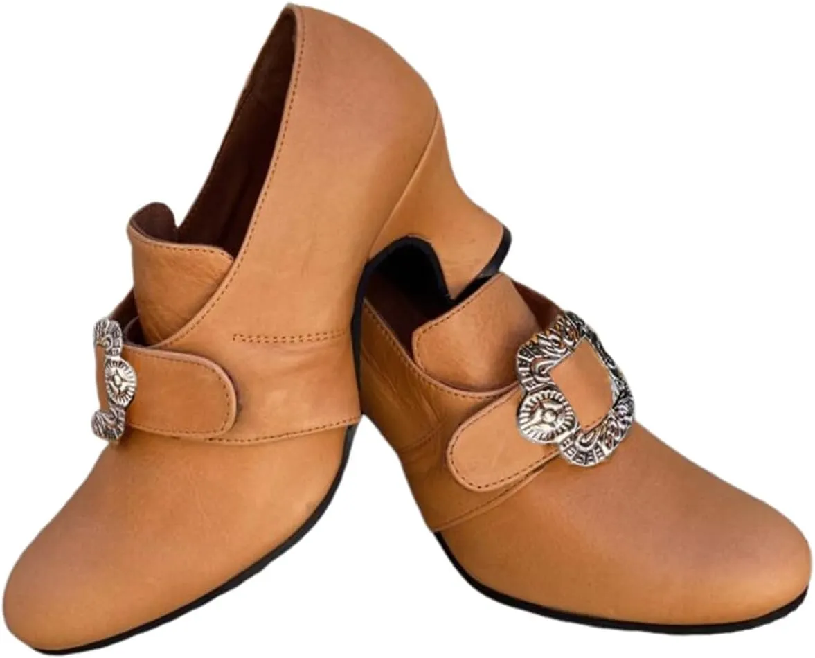 Medieval Women Loafers Shoes Metal Square Buckle Embellishments Leather Shoes
