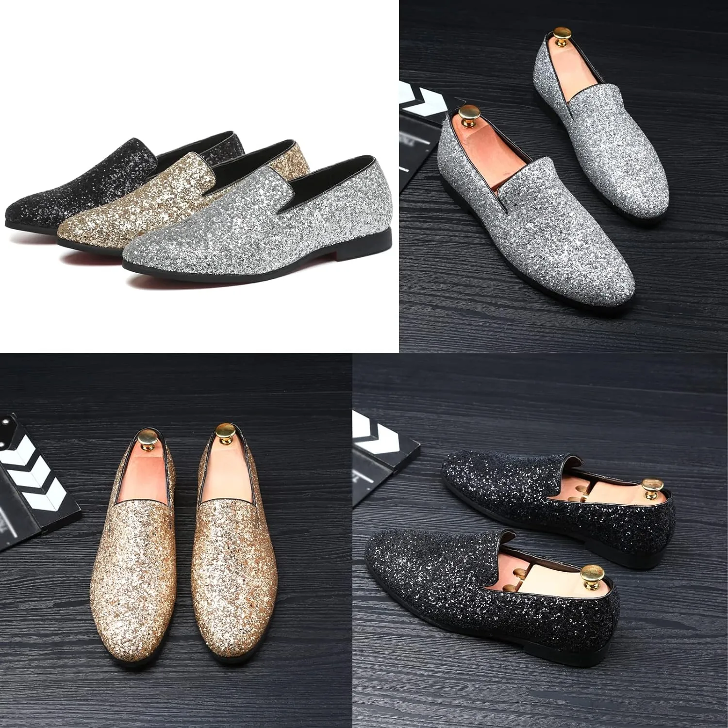 Men Smoking Sequins Slip-On Oxfords Loafers,Fashion Pointed Casual Glitter Tuxedo Suit Dress Prom Shoes