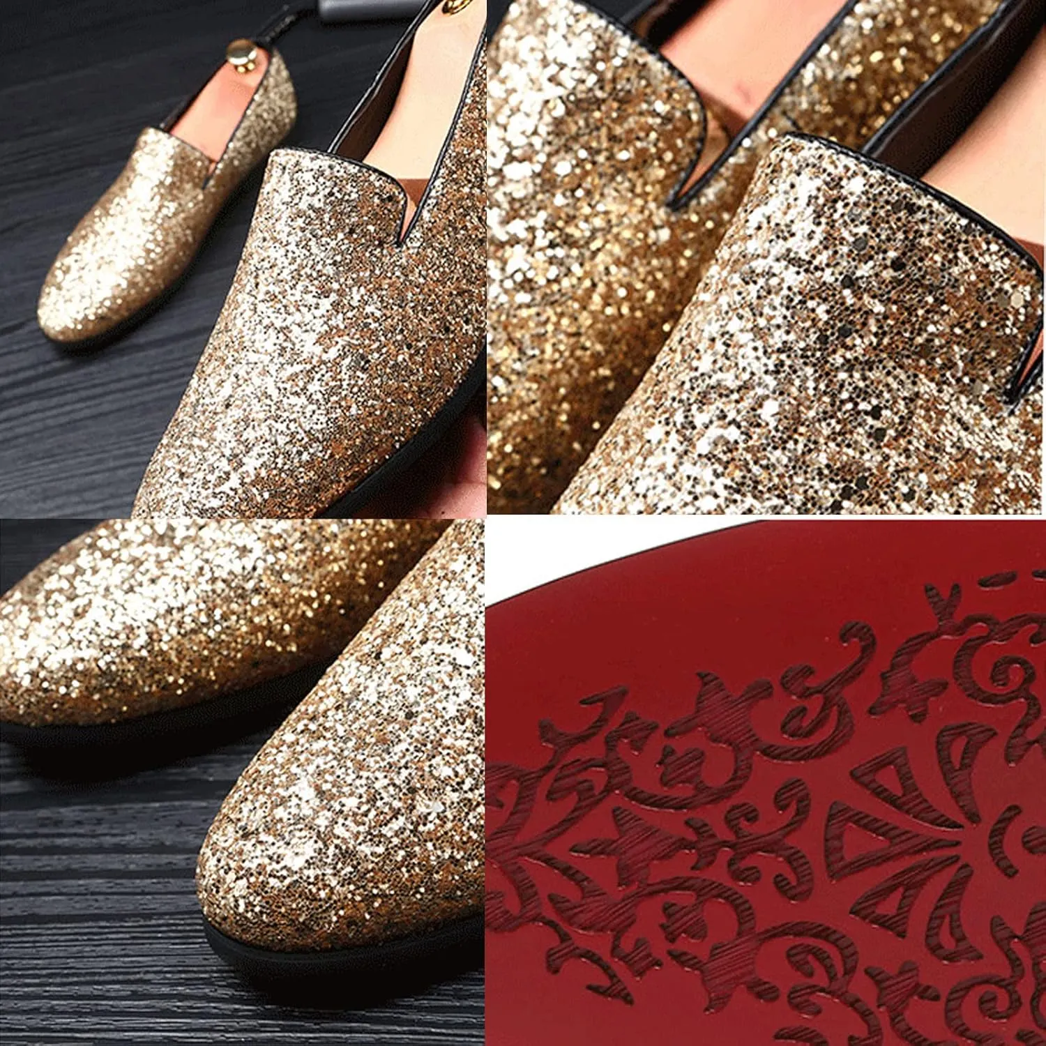 Men Smoking Sequins Slip-On Oxfords Loafers,Fashion Pointed Casual Glitter Tuxedo Suit Dress Prom Shoes