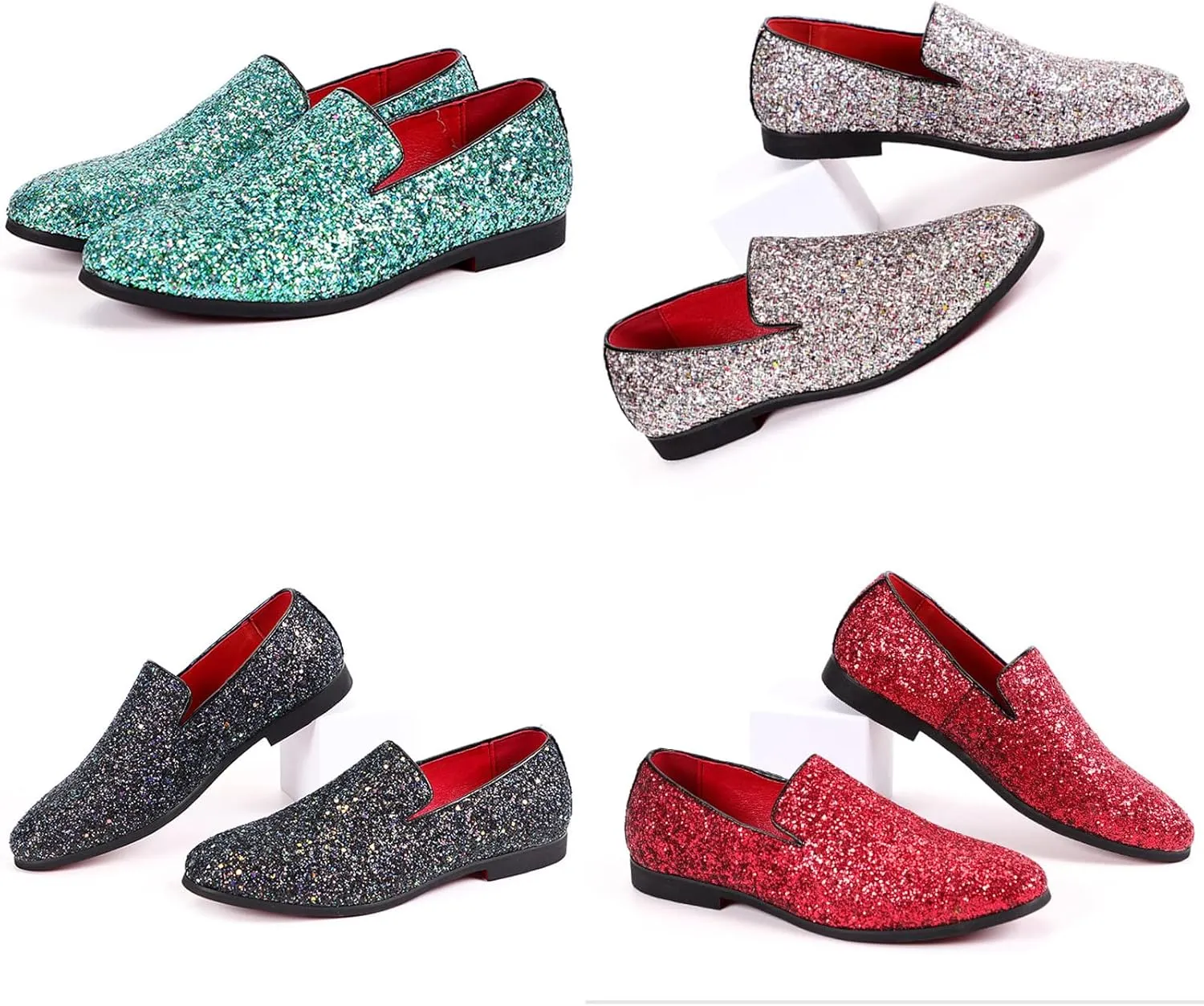 Men Smoking Sequins Slip-On Oxfords Loafers,Fashion Pointed Casual Glitter Tuxedo Suit Dress Prom Shoes