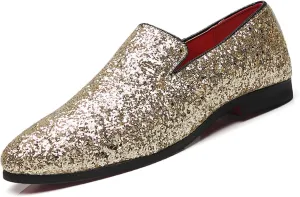 Men Smoking Sequins Slip-On Oxfords Loafers,Fashion Pointed Casual Glitter Tuxedo Suit Dress Prom Shoes