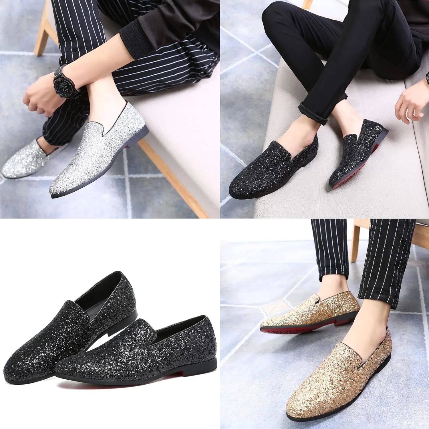 Men Smoking Sequins Slip-On Oxfords Loafers,Fashion Pointed Casual Glitter Tuxedo Suit Dress Prom Shoes