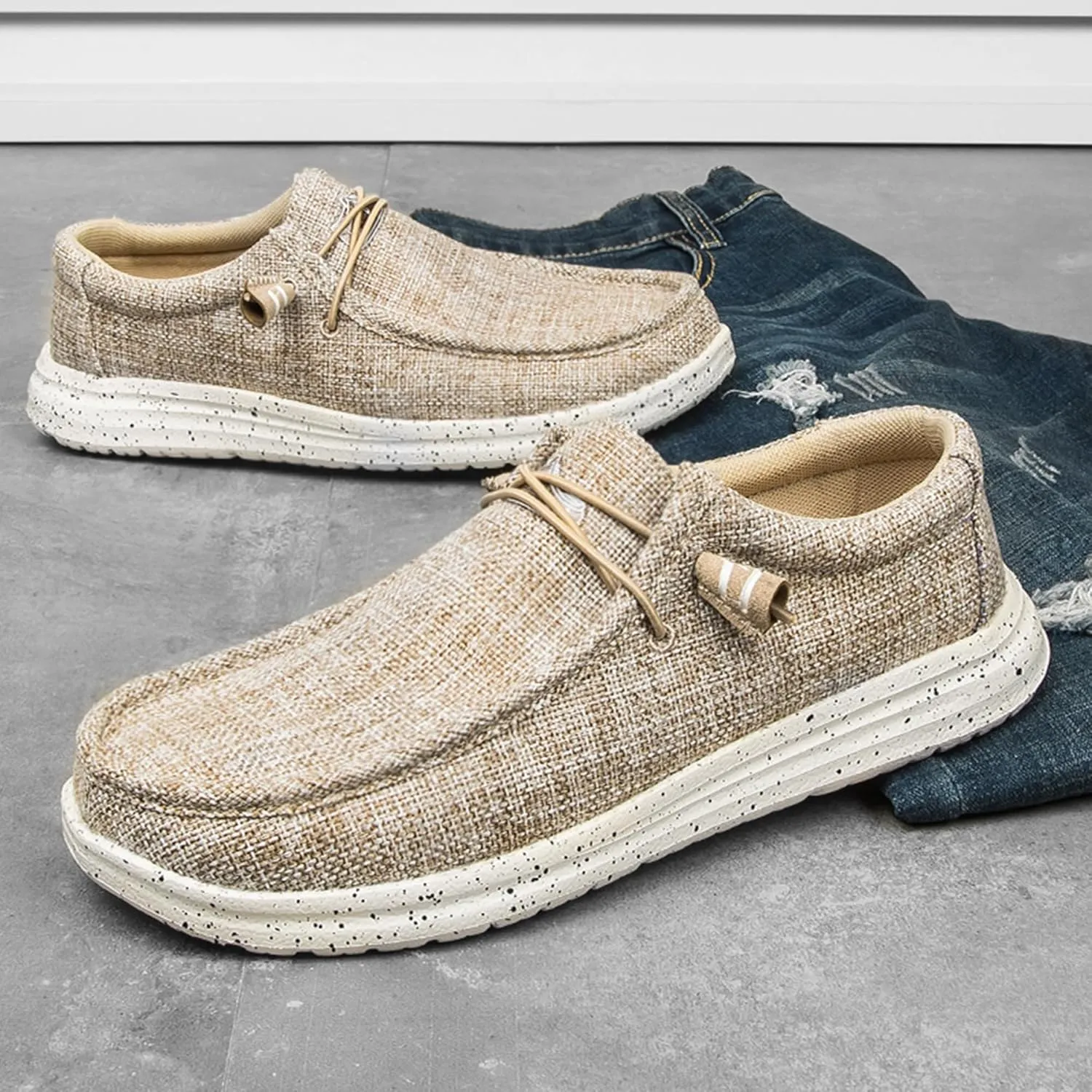 Men's Casual Slip-On Loafers Canvas Boat Shoes Lace-Up Lightweight Walking Leisure