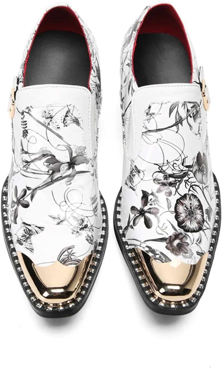 Mens Dress Shoes, 6cm Buckle Printing Increase Cowhide Thick Heels Loafers Plus Size High Heels Slip on Casual Business Low Top, Breathable Suit Shoes