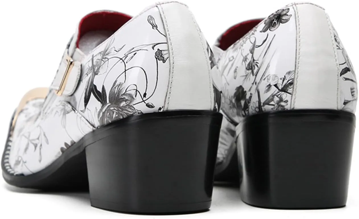 Mens Dress Shoes, 6cm Buckle Printing Increase Cowhide Thick Heels Loafers Plus Size High Heels Slip on Casual Business Low Top, Breathable Suit Shoes