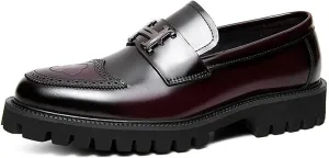 Men's Fashion Brogue Leather Lug Sole Loafers,Round Toe Platform Comfort Slip on Dress Shoes
