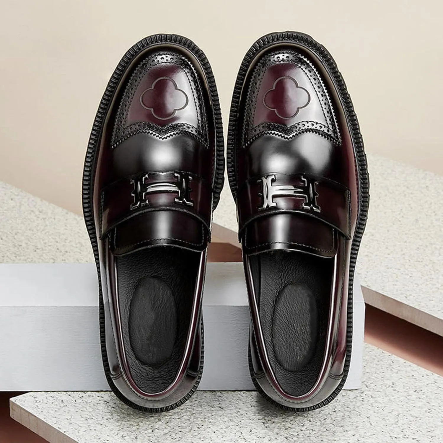 Men's Fashion Brogue Leather Lug Sole Loafers,Round Toe Platform Comfort Slip on Dress Shoes