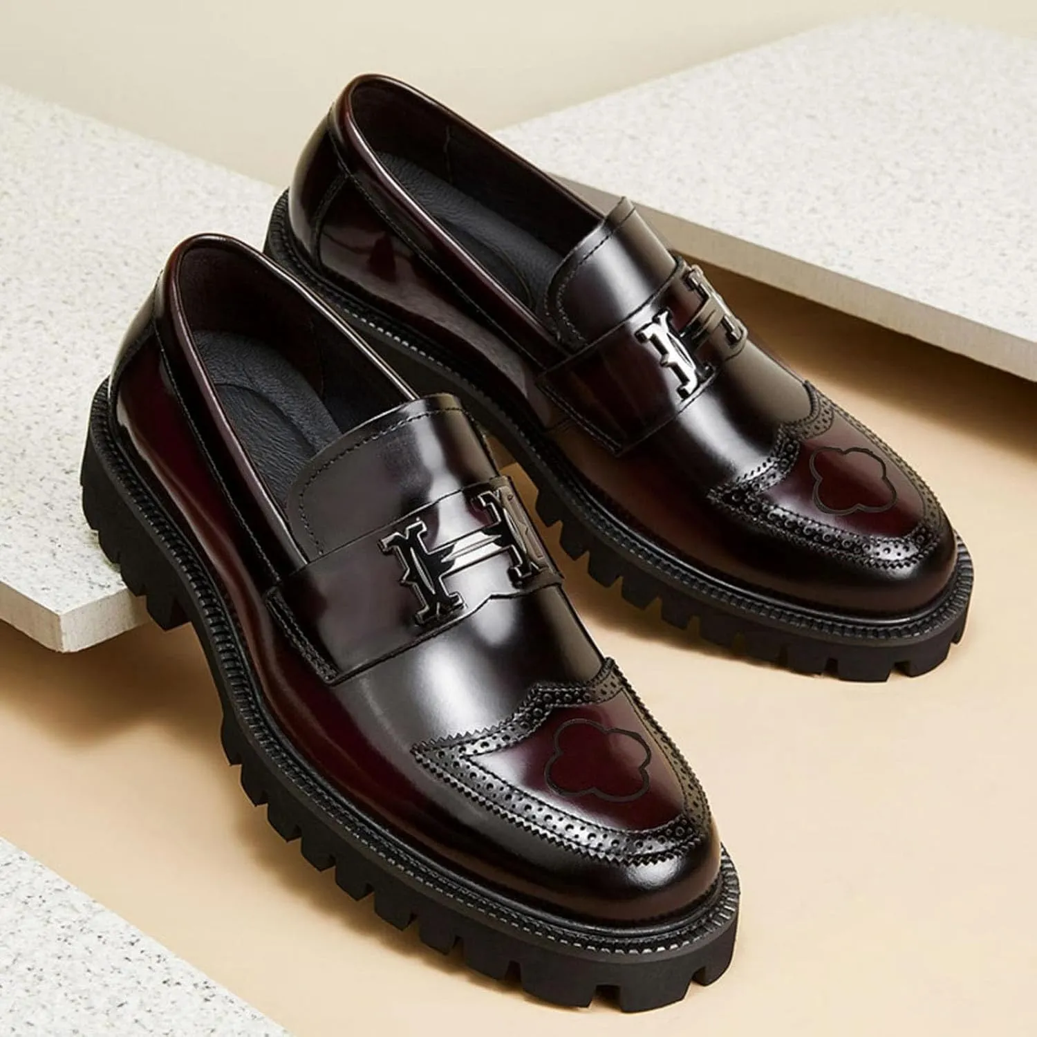 Men's Fashion Brogue Leather Lug Sole Loafers,Round Toe Platform Comfort Slip on Dress Shoes