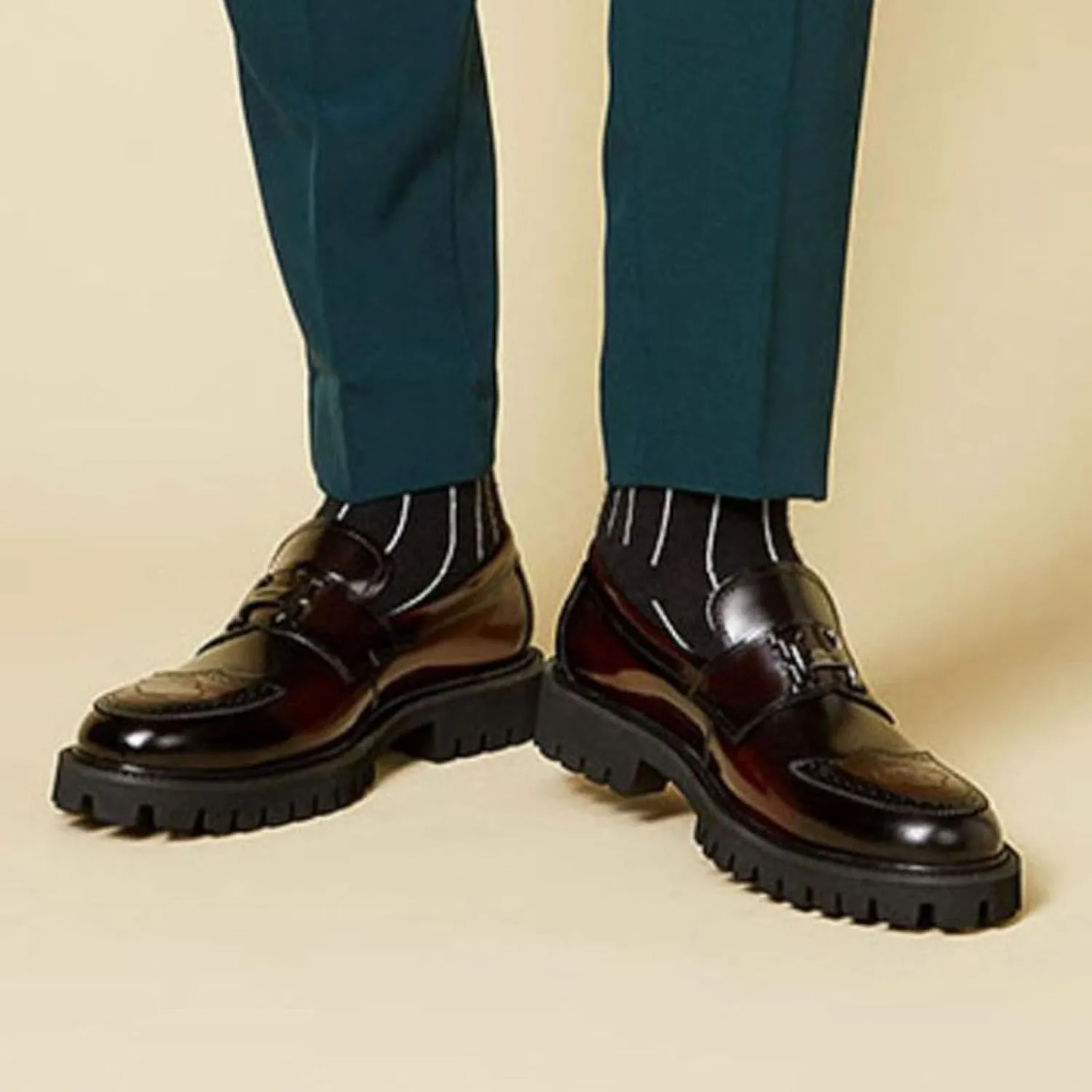 Men's Fashion Brogue Leather Lug Sole Loafers,Round Toe Platform Comfort Slip on Dress Shoes