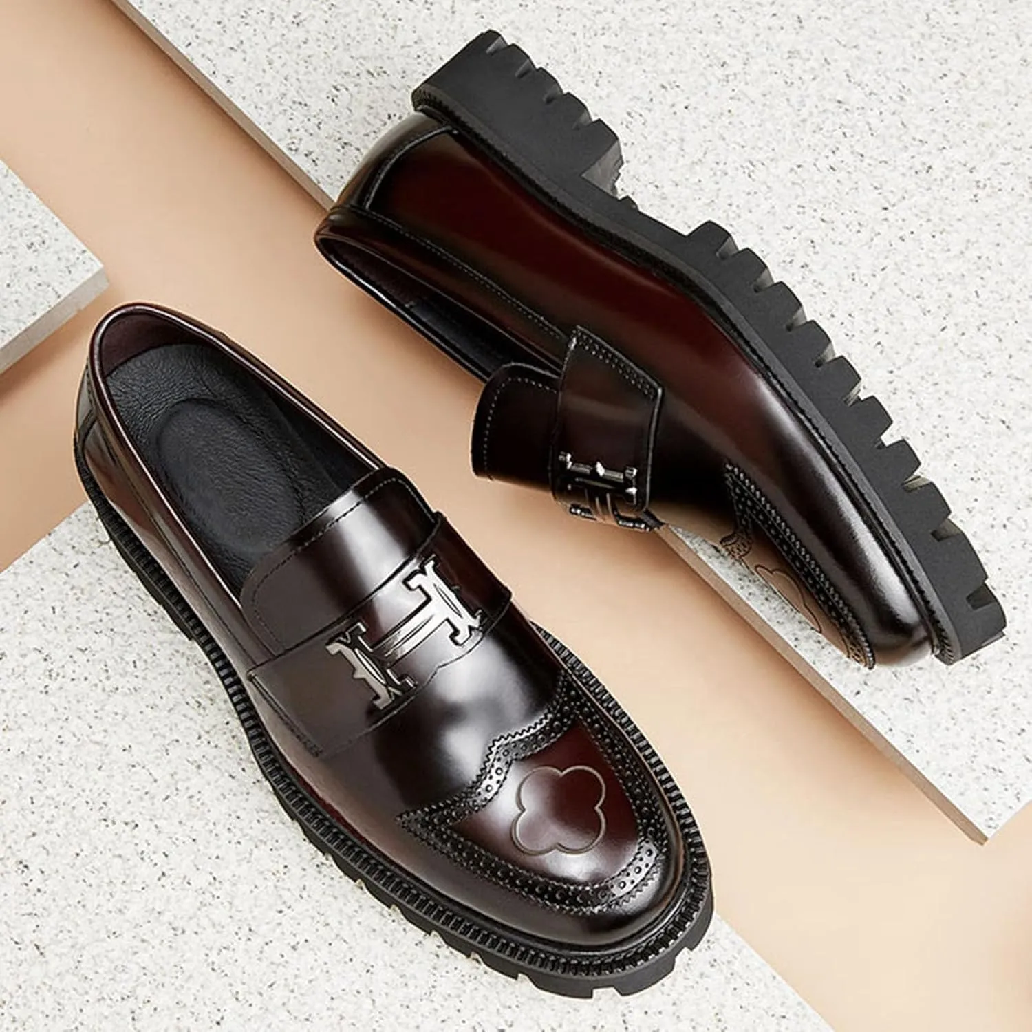 Men's Fashion Brogue Leather Lug Sole Loafers,Round Toe Platform Comfort Slip on Dress Shoes