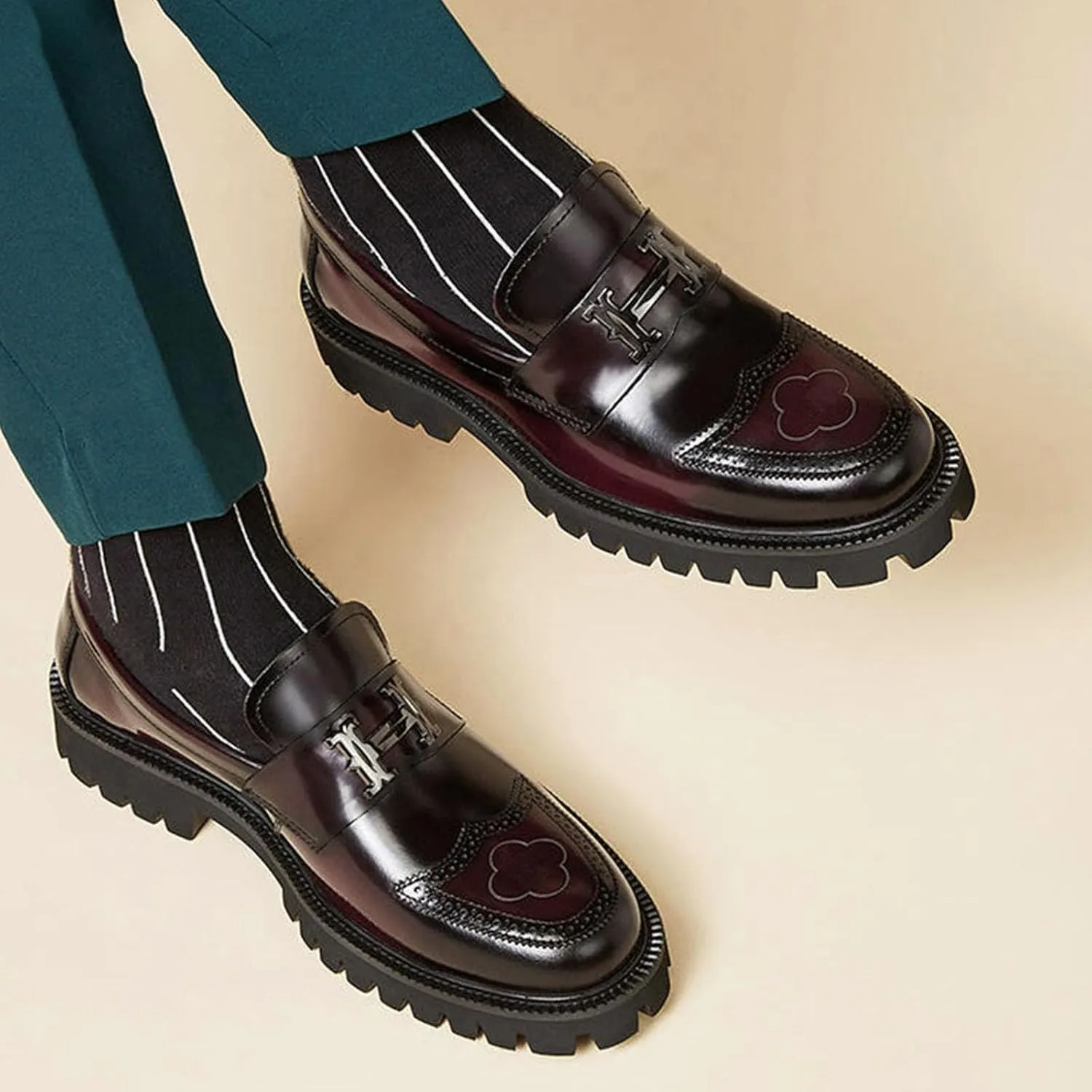 Men's Fashion Brogue Leather Lug Sole Loafers,Round Toe Platform Comfort Slip on Dress Shoes