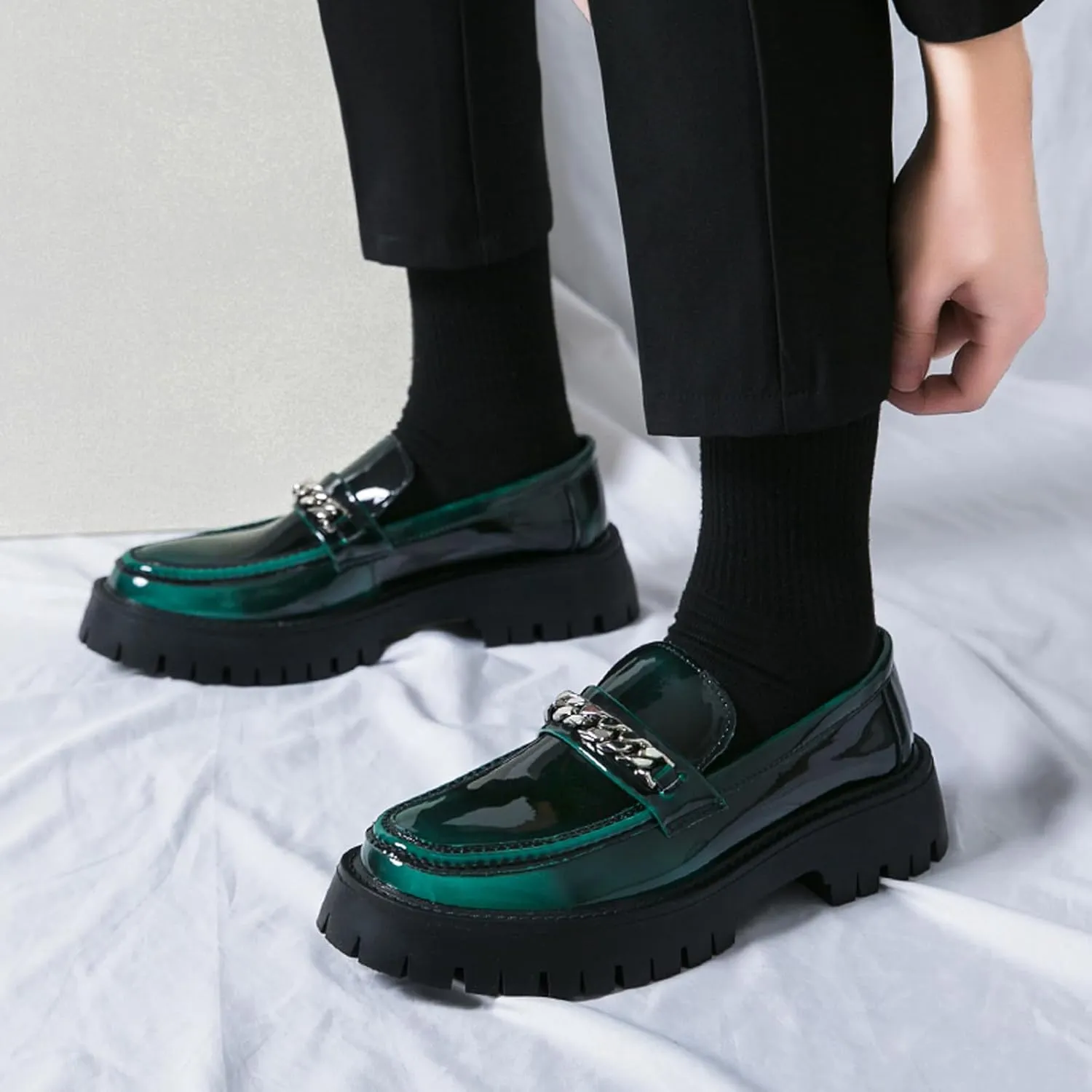 Men's Fashion Patent Leather Lug Sole Loafers,Round Toe Platform Comfort Slip On Dress Shoes