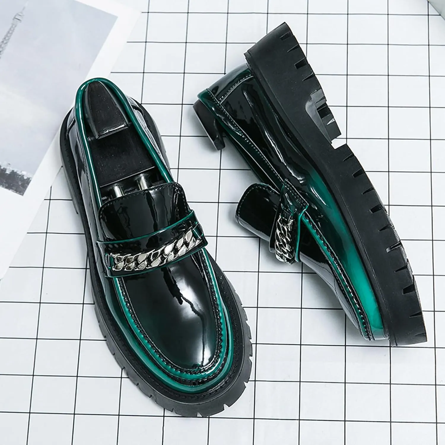 Men's Fashion Patent Leather Lug Sole Loafers,Round Toe Platform Comfort Slip On Dress Shoes