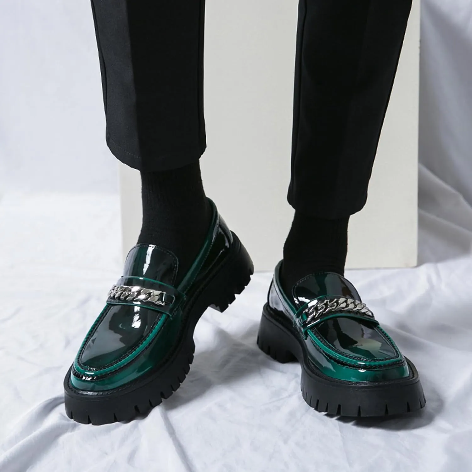 Men's Fashion Patent Leather Lug Sole Loafers,Round Toe Platform Comfort Slip On Dress Shoes