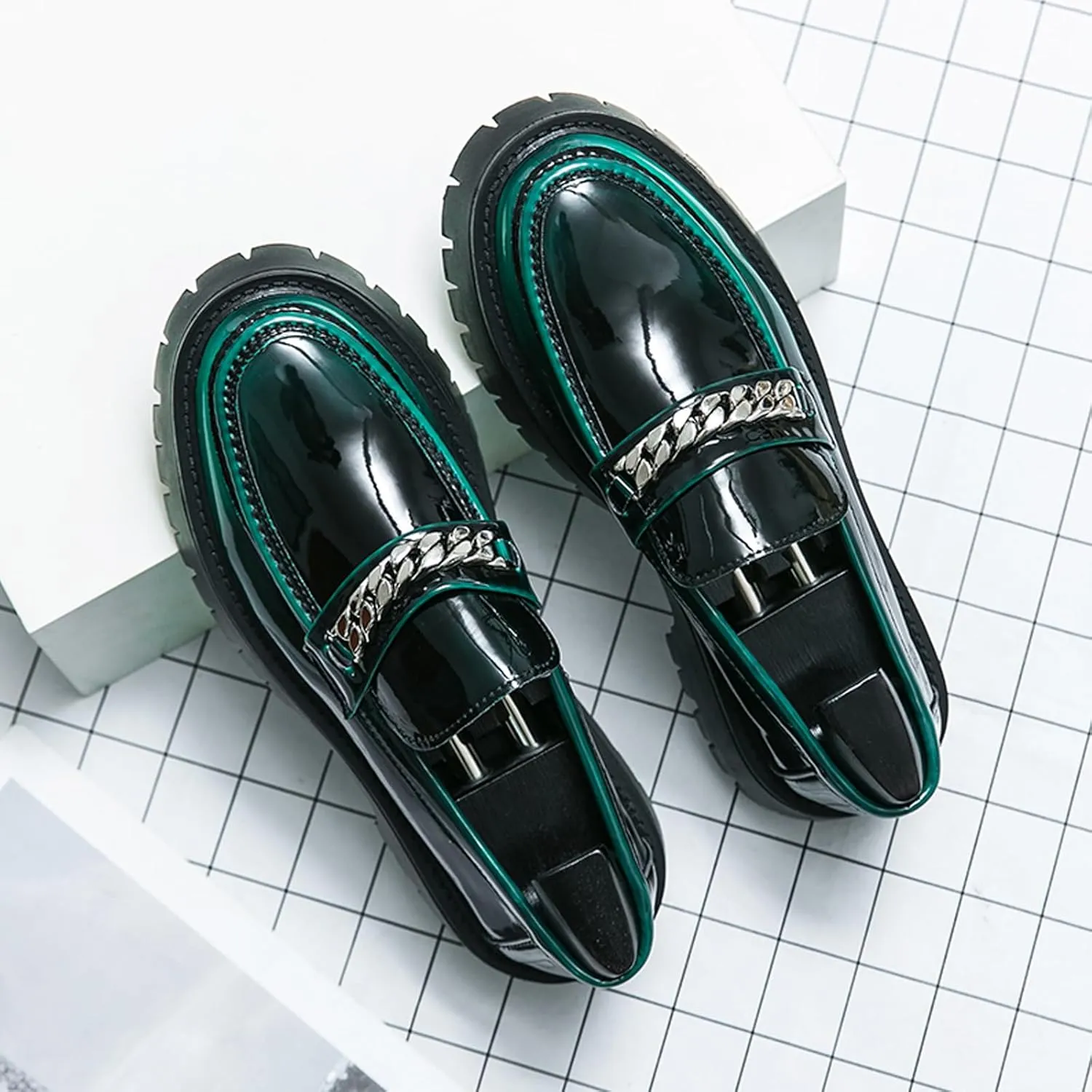 Men's Fashion Patent Leather Lug Sole Loafers,Round Toe Platform Comfort Slip On Dress Shoes