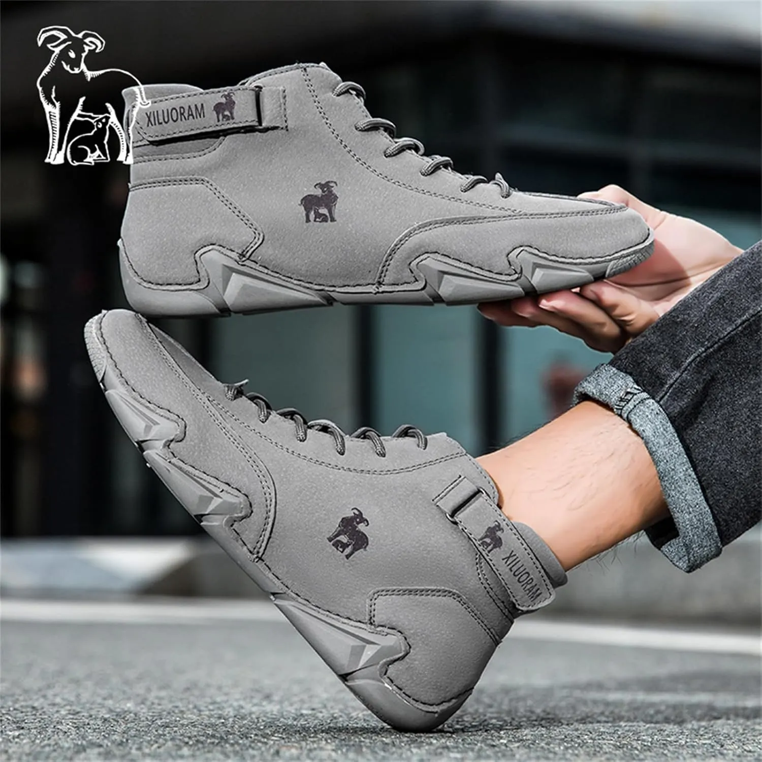 Men‘s Handmade High Top Leather Ankle Chukka Boots with Adjustable Strap Casual Non Slip Round Toe Slip On Boat Walking Driving Shoes