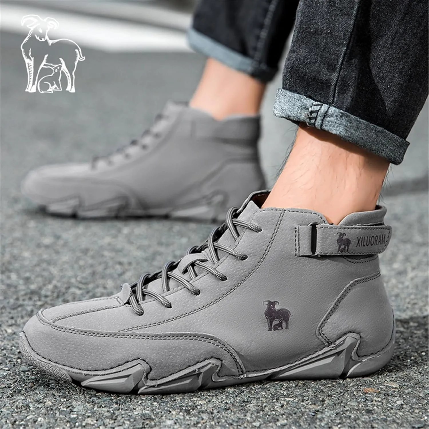 Men‘s Handmade High Top Leather Ankle Chukka Boots with Adjustable Strap Casual Non Slip Round Toe Slip On Boat Walking Driving Shoes