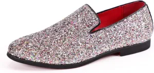 Men's Leather British Fashion Pointed Toe Sequined Loafers,Metallic Luxury Texture Slip-On Glitter Fashion Casual Dress Shoes