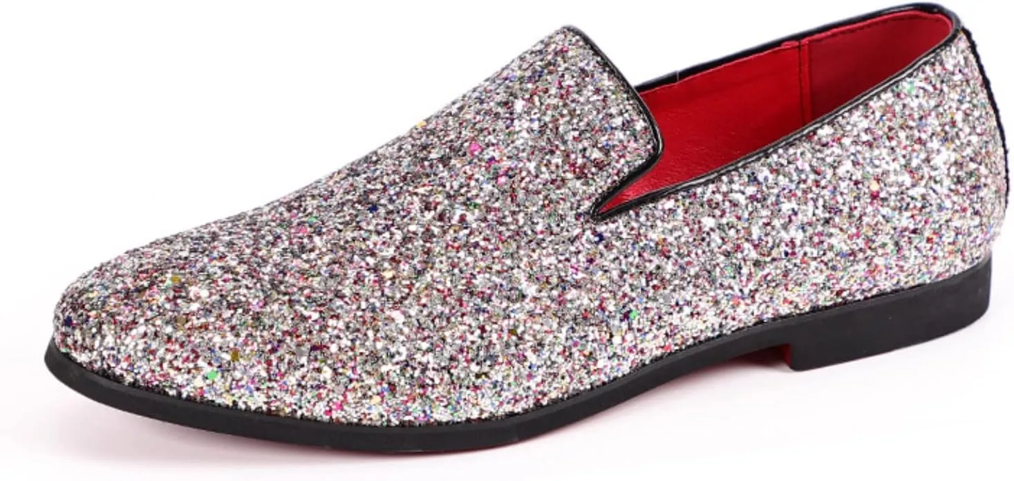 Men's Leather British Fashion Pointed Toe Sequined Loafers,Metallic Luxury Texture Slip-On Glitter Fashion Casual Dress Shoes