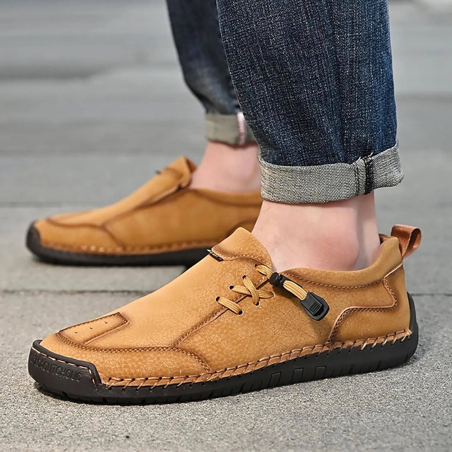 Men's Leather Hand Stitching Lace-Up Loafers Lightweight Breathable Round Toe Slip-On Flat Chukka Oxfords Driving Walking Shoes