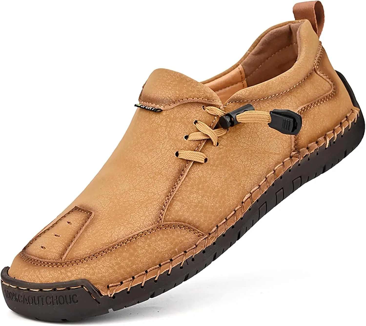 Men's Leather Hand Stitching Lace-Up Loafers Lightweight Breathable Round Toe Slip-On Flat Chukka Oxfords Driving Walking Shoes