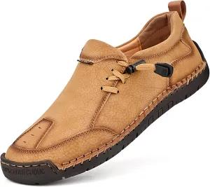 Men's Leather Hand Stitching Lace-Up Loafers Lightweight Breathable Round Toe Slip-On Flat Chukka Oxfords Driving Walking Shoes