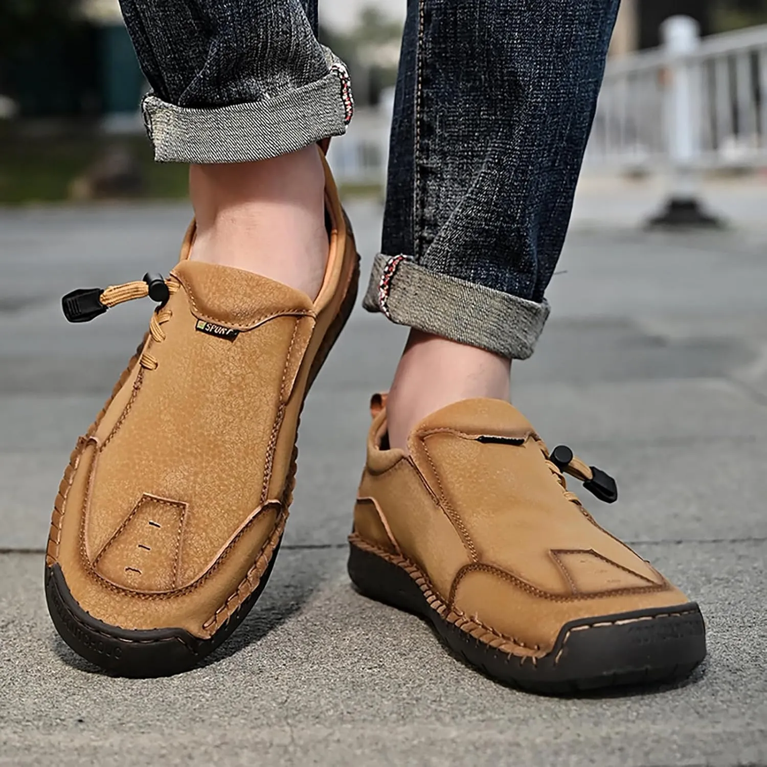 Men's Leather Hand Stitching Lace-Up Loafers Lightweight Breathable Round Toe Slip-On Flat Chukka Oxfords Driving Walking Shoes