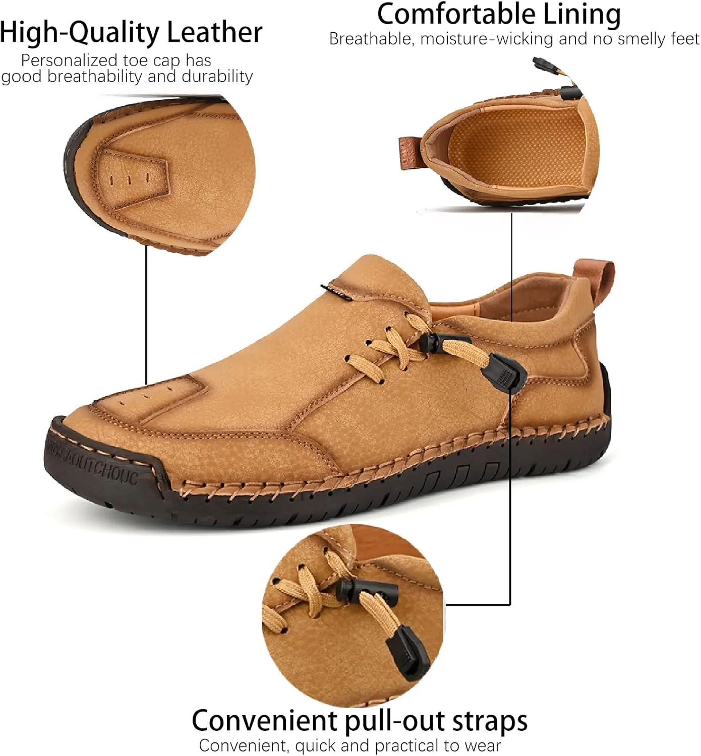 Men's Leather Hand Stitching Lace-Up Loafers Lightweight Breathable Round Toe Slip-On Flat Chukka Oxfords Driving Walking Shoes