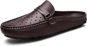 Men's Leather Hollow Flat Clogs Mules Casual Breathable Round Toe Punching Backless Slip-On Loafers Suitable for Business Walking Driving