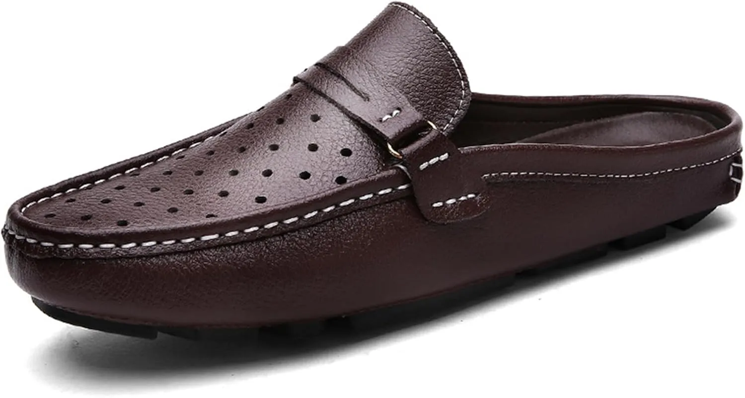 Men's Leather Hollow Flat Clogs Mules Casual Breathable Round Toe Punching Backless Slip-On Loafers Suitable for Business Walking Driving