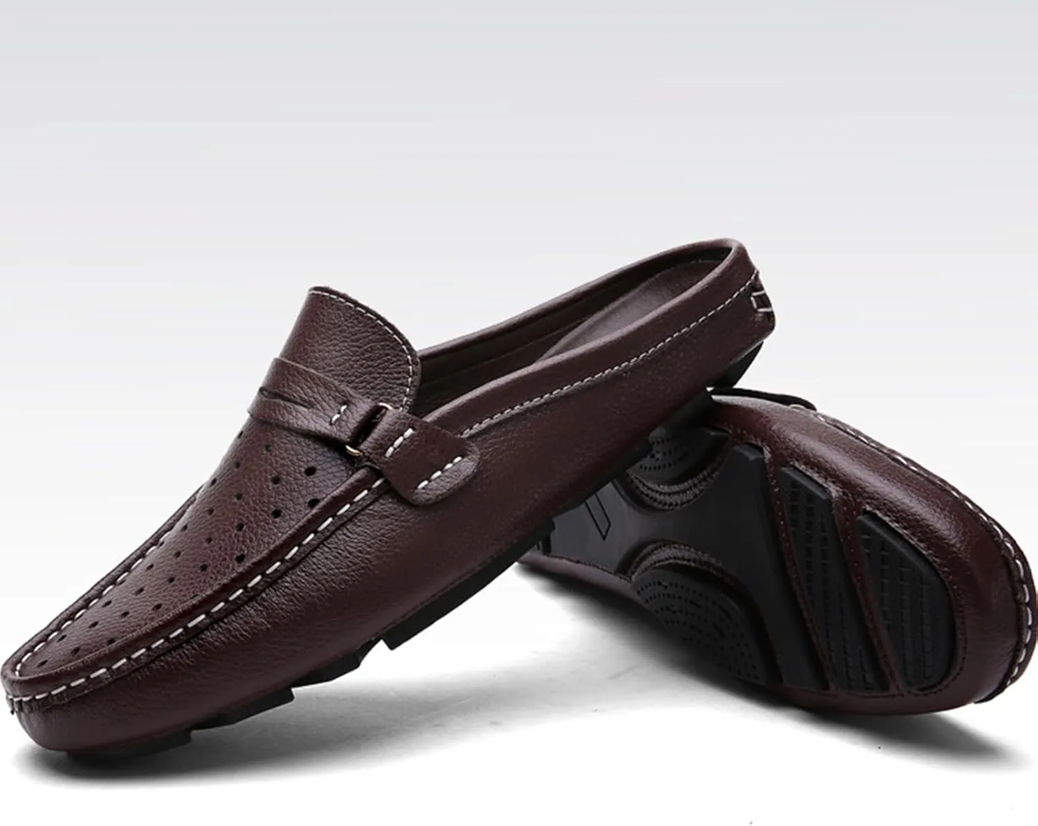 Men's Leather Hollow Flat Clogs Mules Casual Breathable Round Toe Punching Backless Slip-On Loafers Suitable for Business Walking Driving