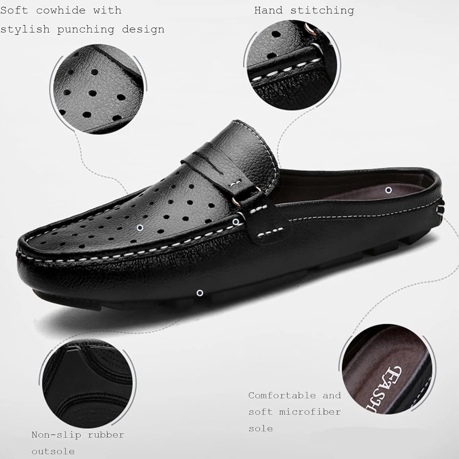 Men's Leather Hollow Flat Clogs Mules Casual Breathable Round Toe Punching Backless Slip-On Loafers Suitable for Business Walking Driving
