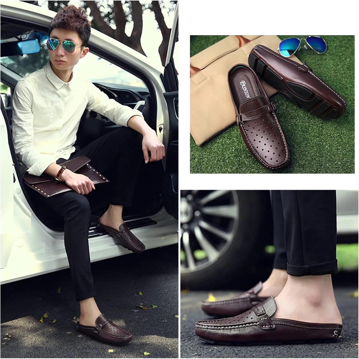 Men's Leather Hollow Flat Clogs Mules Casual Breathable Round Toe Punching Backless Slip-On Loafers Suitable for Business Walking Driving