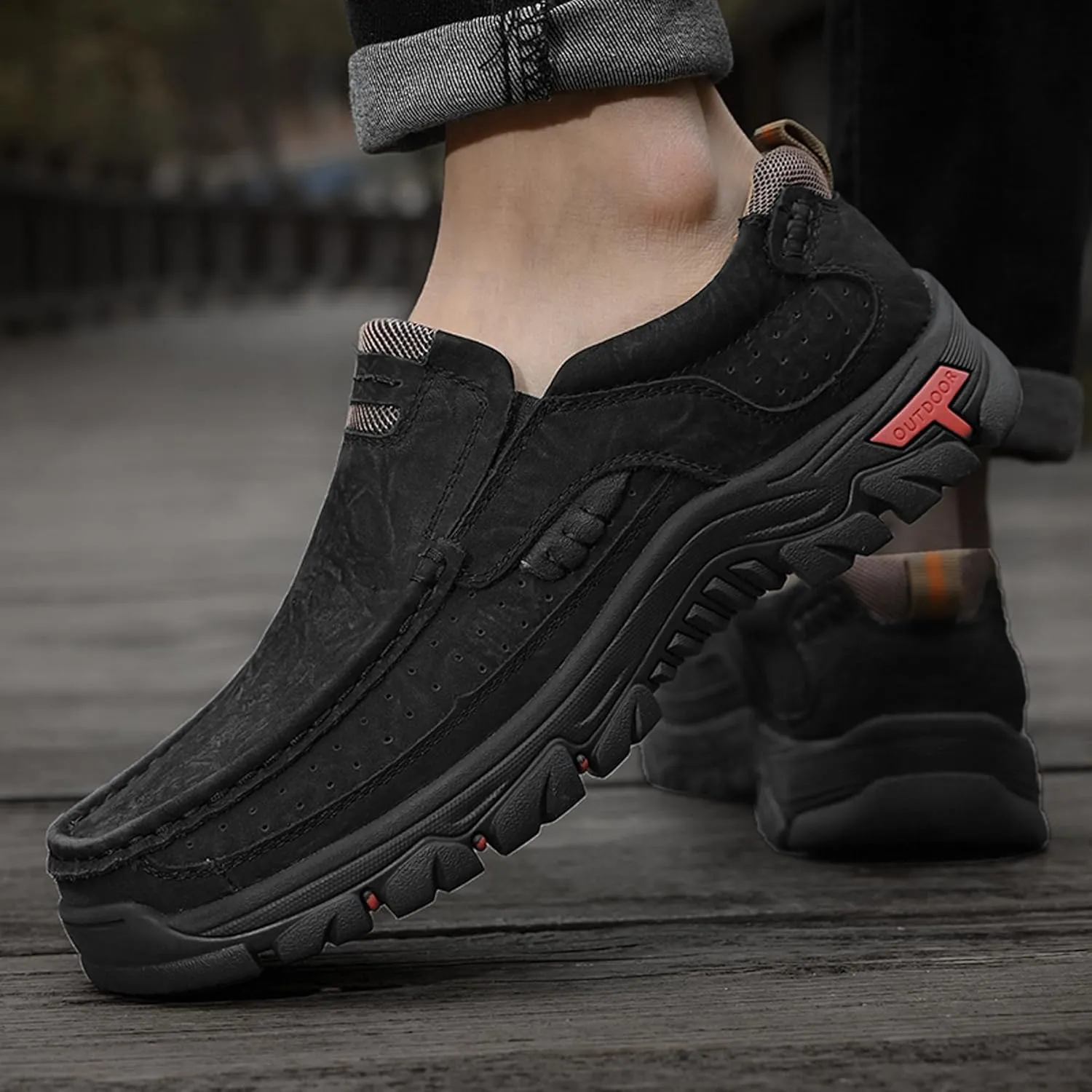 Men's Lightweight Wide Version Boat Shoes, Business and Office Casual Shoes, Comfortable Driving Casual Shoes Made of Cowhide, Black Penny Shoes, Outdoor Jogging Shoes