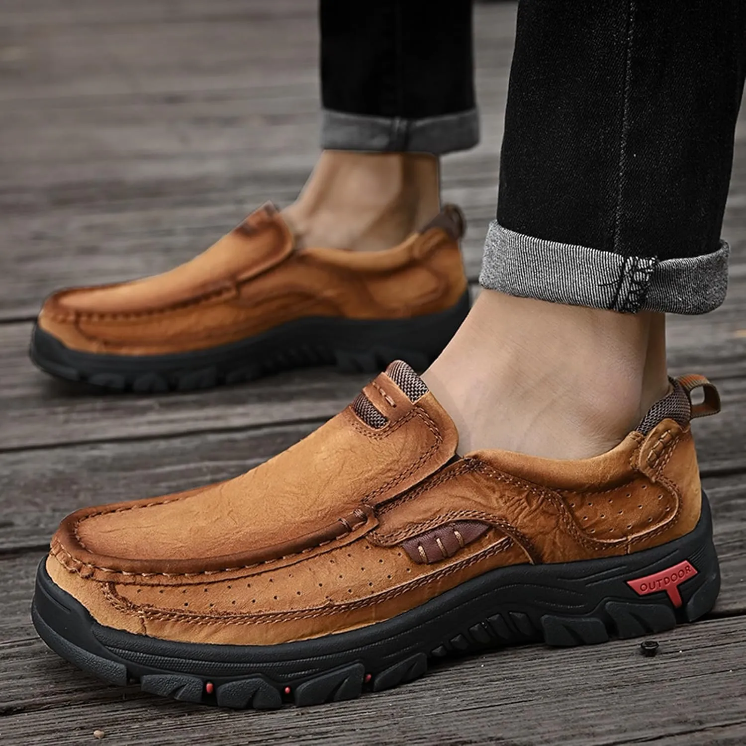 Men's Lightweight Wide Version Boat Shoes, Business and Office Casual Shoes, Comfortable Driving Casual Shoes Made of Cowhide, Black Penny Shoes, Outdoor Jogging Shoes