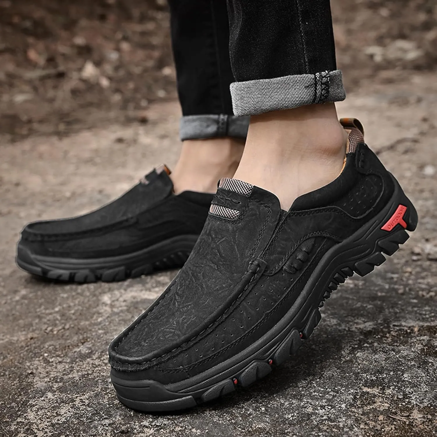 Men's Lightweight Wide Version Boat Shoes, Business and Office Casual Shoes, Comfortable Driving Casual Shoes Made of Cowhide, Black Penny Shoes, Outdoor Jogging Shoes