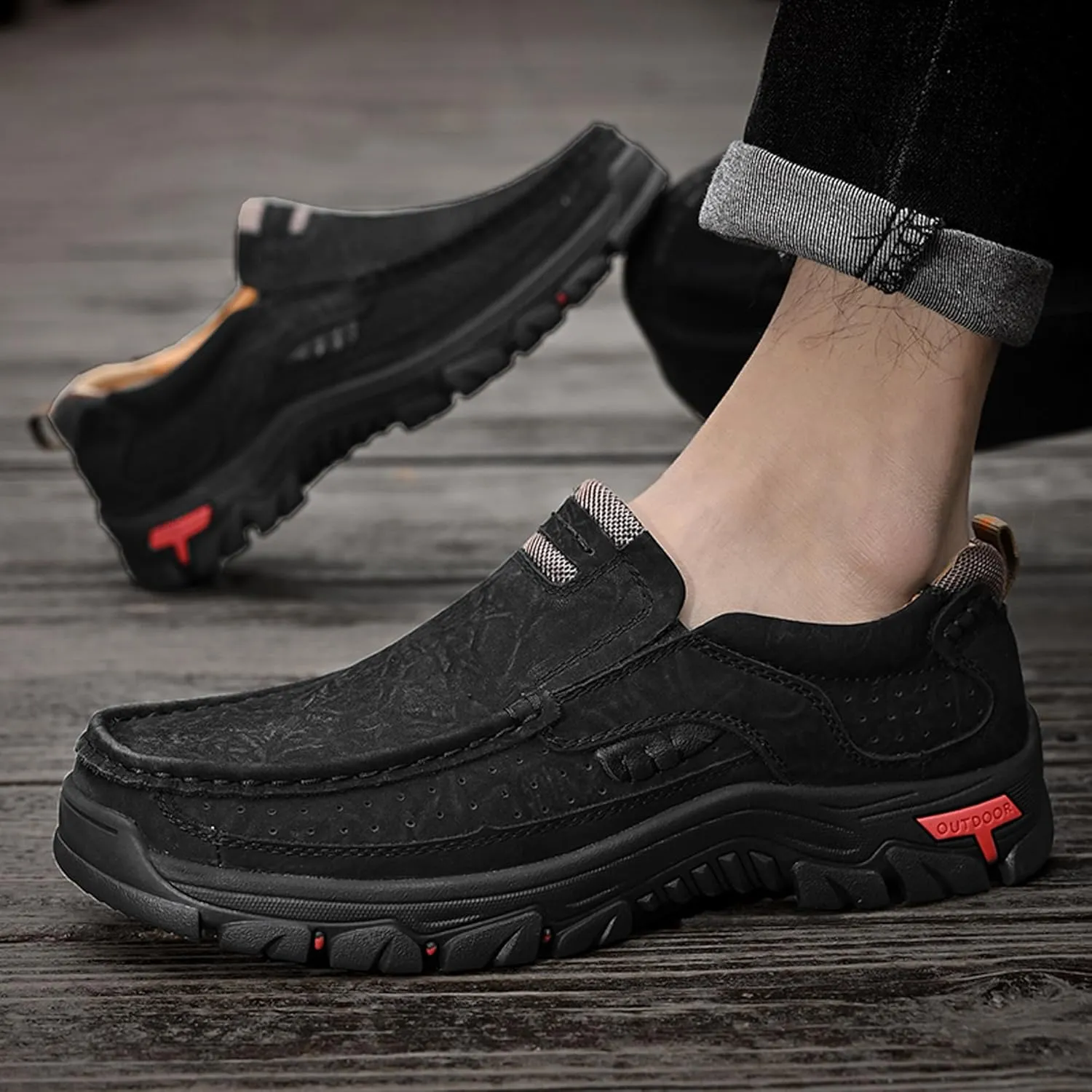 Men's Lightweight Wide Version Boat Shoes, Business and Office Casual Shoes, Comfortable Driving Casual Shoes Made of Cowhide, Black Penny Shoes, Outdoor Jogging Shoes