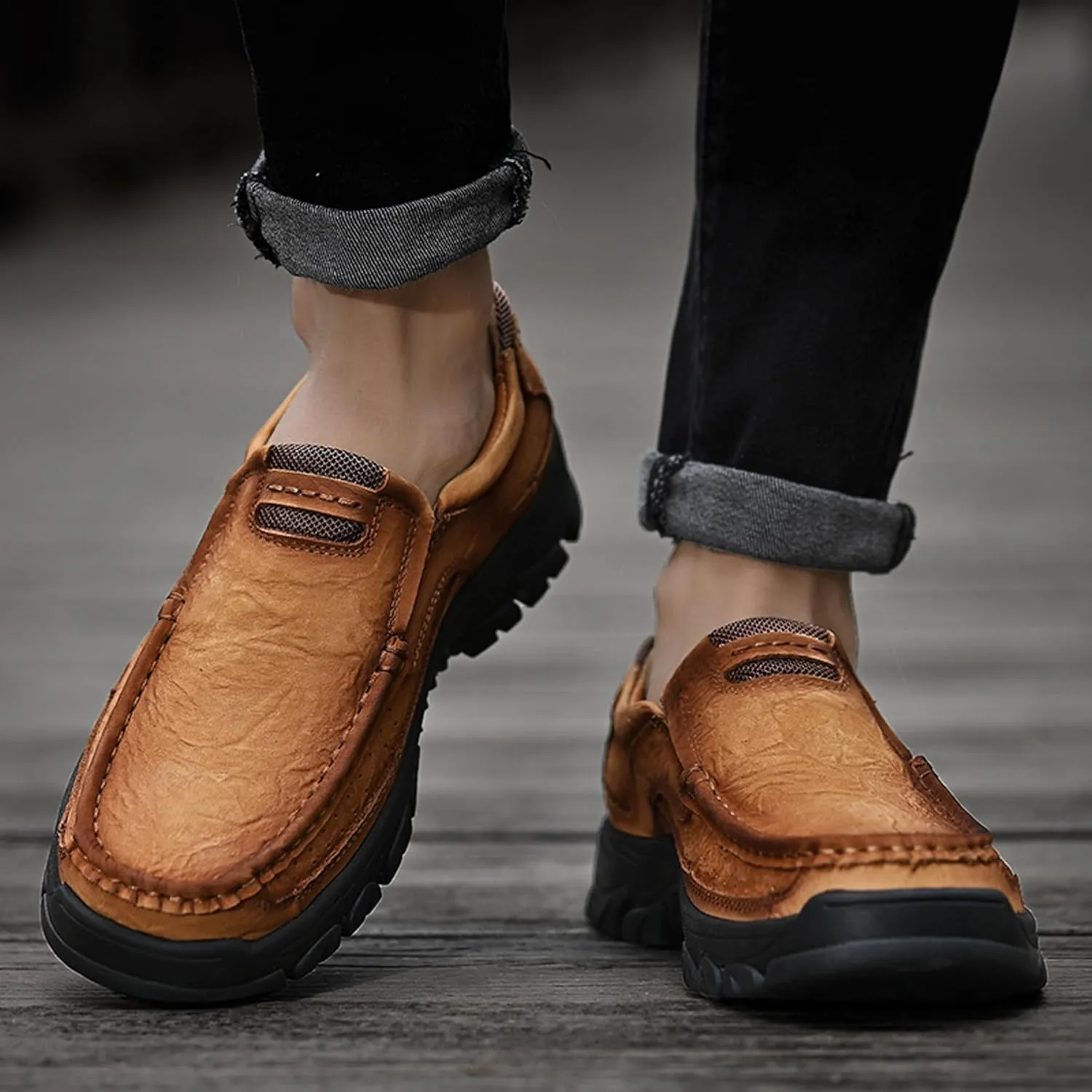 Men's Lightweight Wide Version Boat Shoes, Business and Office Casual Shoes, Comfortable Driving Casual Shoes Made of Cowhide, Black Penny Shoes, Outdoor Jogging Shoes
