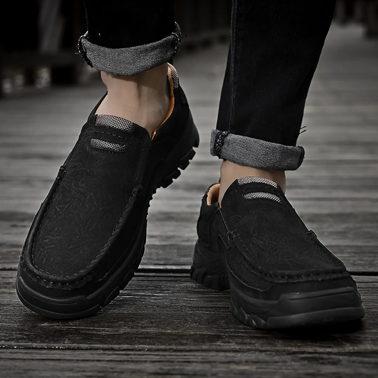 Men's Lightweight Wide Version Boat Shoes, Business and Office Casual Shoes, Comfortable Driving Casual Shoes Made of Cowhide, Black Penny Shoes, Outdoor Jogging Shoes