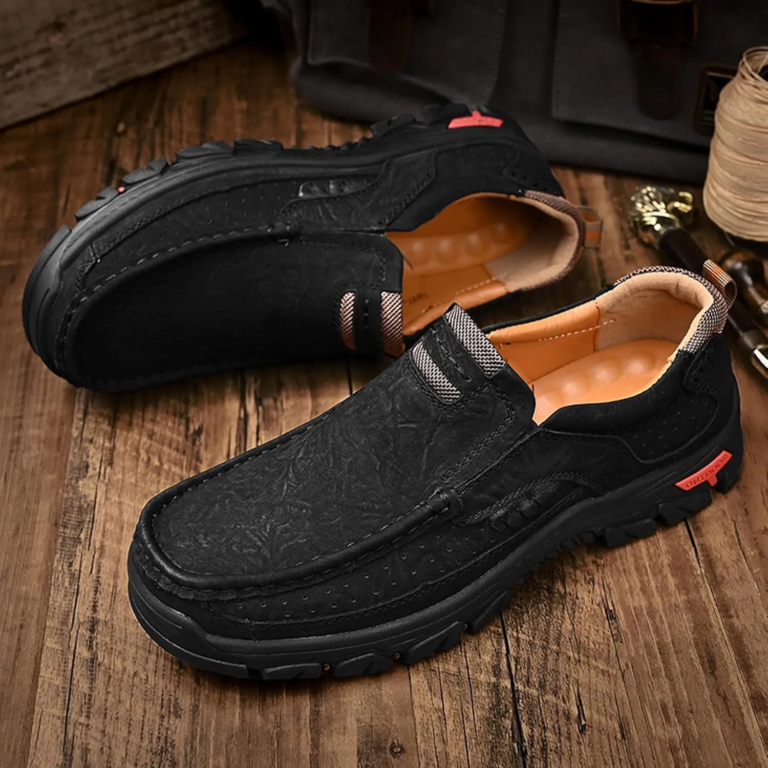 Men's Lightweight Wide Version Boat Shoes, Business and Office Casual Shoes, Comfortable Driving Casual Shoes Made of Cowhide, Black Penny Shoes, Outdoor Jogging Shoes