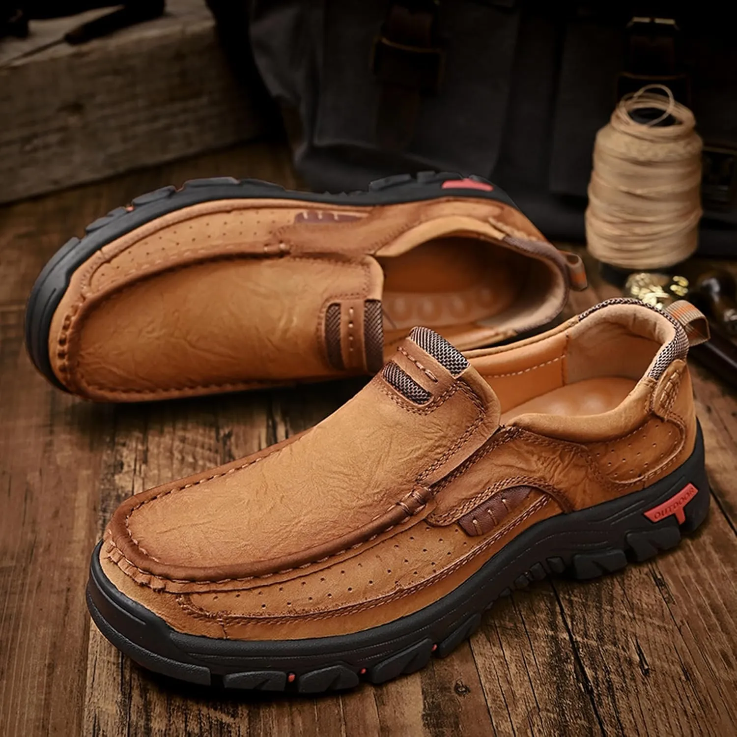 Men's Lightweight Wide Version Boat Shoes, Business and Office Casual Shoes, Comfortable Driving Casual Shoes Made of Cowhide, Black Penny Shoes, Outdoor Jogging Shoes