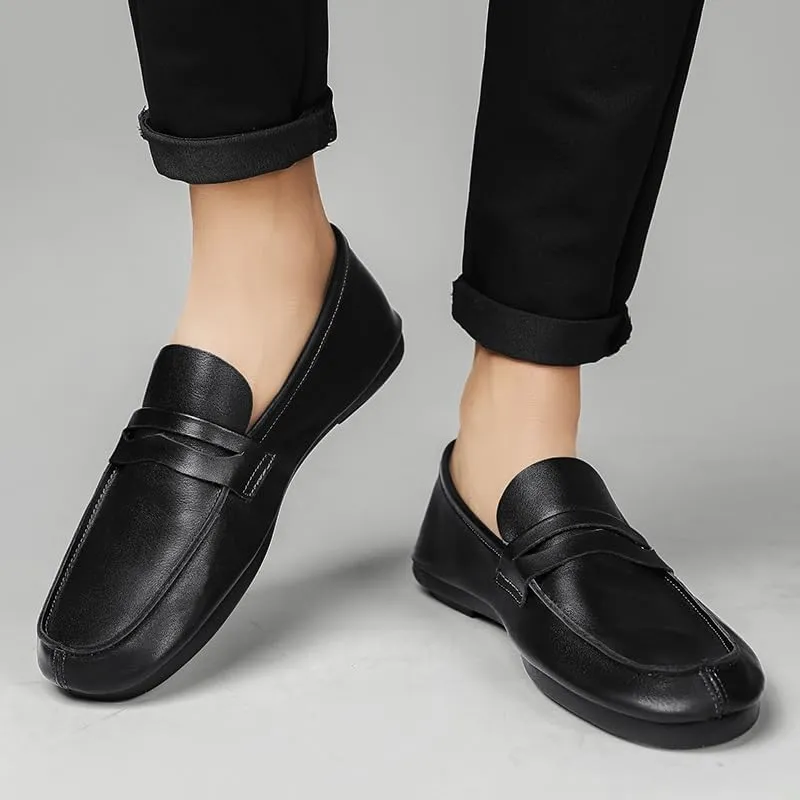 Mens Loafers Round Toe Split Toe Solid Color Leather Penny Loafers Comfortable Resistant Flat Heel Walking Slip On