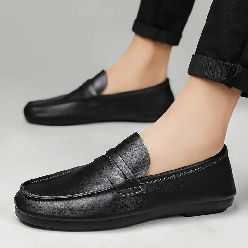 Mens Loafers Round Toe Split Toe Solid Color Leather Penny Loafers Comfortable Resistant Flat Heel Walking Slip On